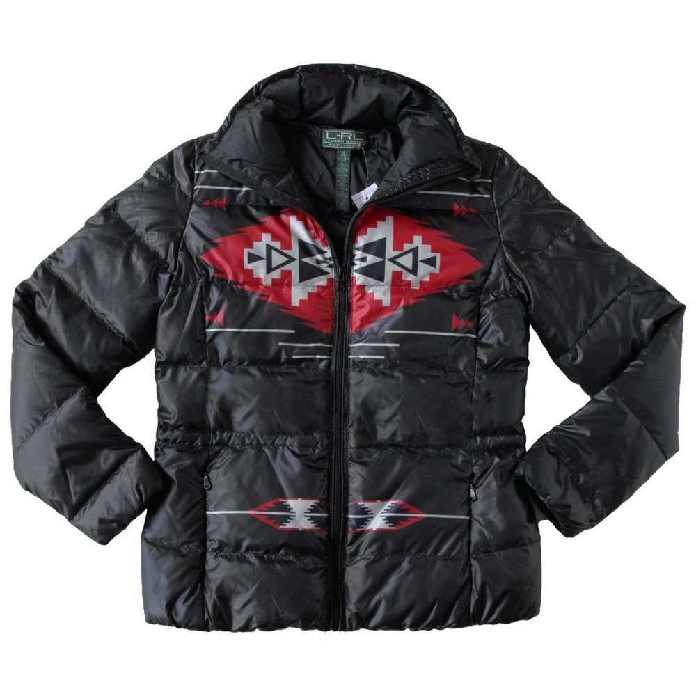 NEW Lauren by Ralph Lauren Womens Puffer Jacket! Black with Southwest Design
